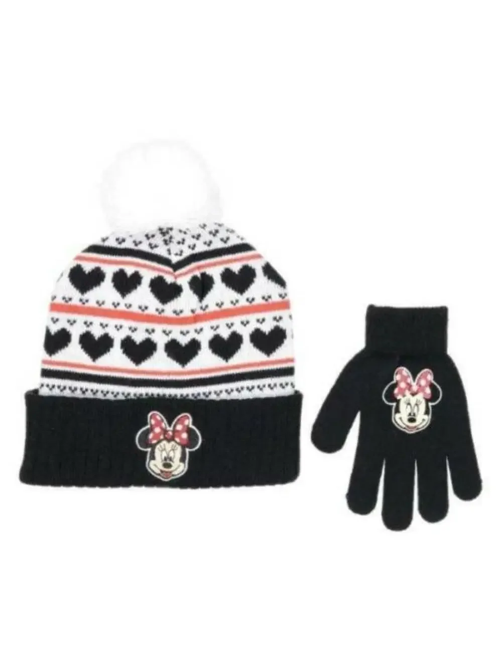 Girls Disney Minnie Mouse Winter Hat & Gloves Black White Hearts 2 Pc Set Beanie